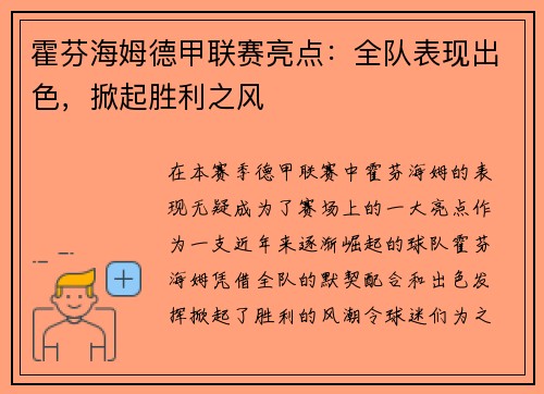 霍芬海姆德甲联赛亮点：全队表现出色，掀起胜利之风