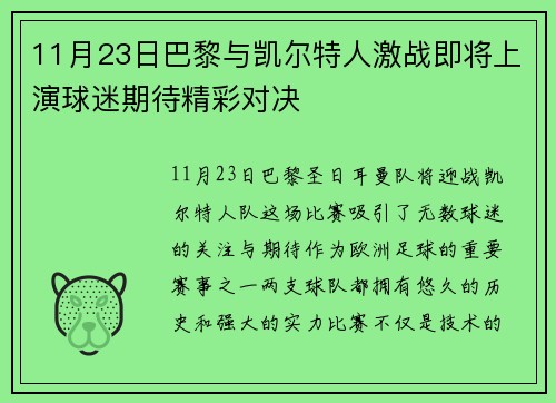 11月23日巴黎与凯尔特人激战即将上演球迷期待精彩对决